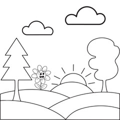 Happy Landscape with Smiling Flower and Trees Coloring Page