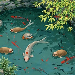 The image depicts a vibrant koi pond with several koi fish swimming amidst aquatic plants and trees, with one koi prominently positioned in the foreground.
