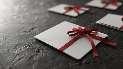 Elegant gift cards adorned with satin ribbons on a textured dark surface