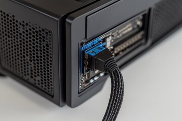 Close-Up View of a Computer Case with a Detailed Connection Port Showcasing Cable Management and Internal Components for Technology Enthusiasts
