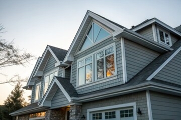 Obraz premium Family House with Blue Siding and Modern Wooden Porch in Golden Hour