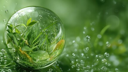 A glass sphere encases fresh green plants surrounded by dew, symbolizing purity, nature, and environmental protection.