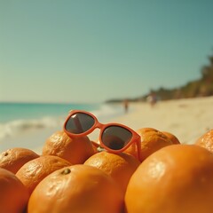 A pair of orange sunglasses rests on a pile of oranges against a backdrop of a beach with the ocean visible in the distance.