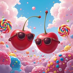 The image depicts two cherries with sunglasses, floating above a whimsical cloud-filled sky dotted with a variety of candies.