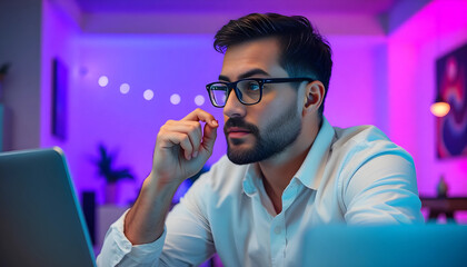 A thoughtful man in glasses, sitting at a desk with a laptop, illuminated by colorful ambient lighting in a modern room. He has a contemplative expression, wearing a white shirt, with a cozy atmospher