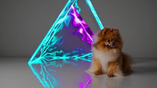 Pom&eacute;ranien assis devant une pyramide futuriste lumineuse en n&eacute;on bleu et violet

