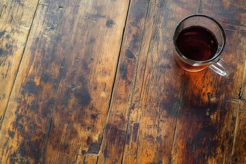 Close-up View of a Glass Mug Filled with Dark Tea on a Rustic Wooden Table, Showcasing Textured Surface and Warm Colors, Perfect for Beverage and Home Design Themes