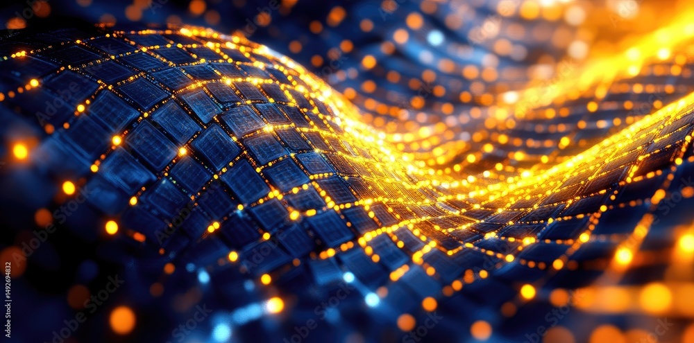 Poster abstract representation of glowing cubes floating above dynamic waves of blue and orange particles. 
