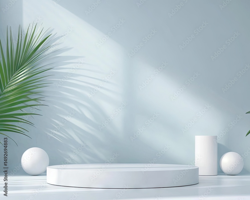 Poster minimalist display featuring a round platform. a spherical object. and a cylindrical vase against a 