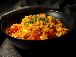 Delicious scrambled eggs with tomatoes and scallions in a black bowl