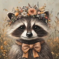 Cute raccoon wearing flower crown with bow in autumn landscape