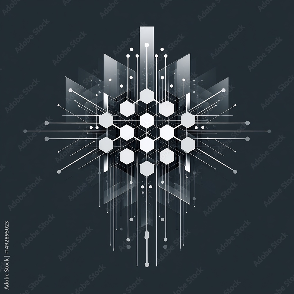 Poster geometric abstraction with interconnected hexagons and radiating lines on dark gray
