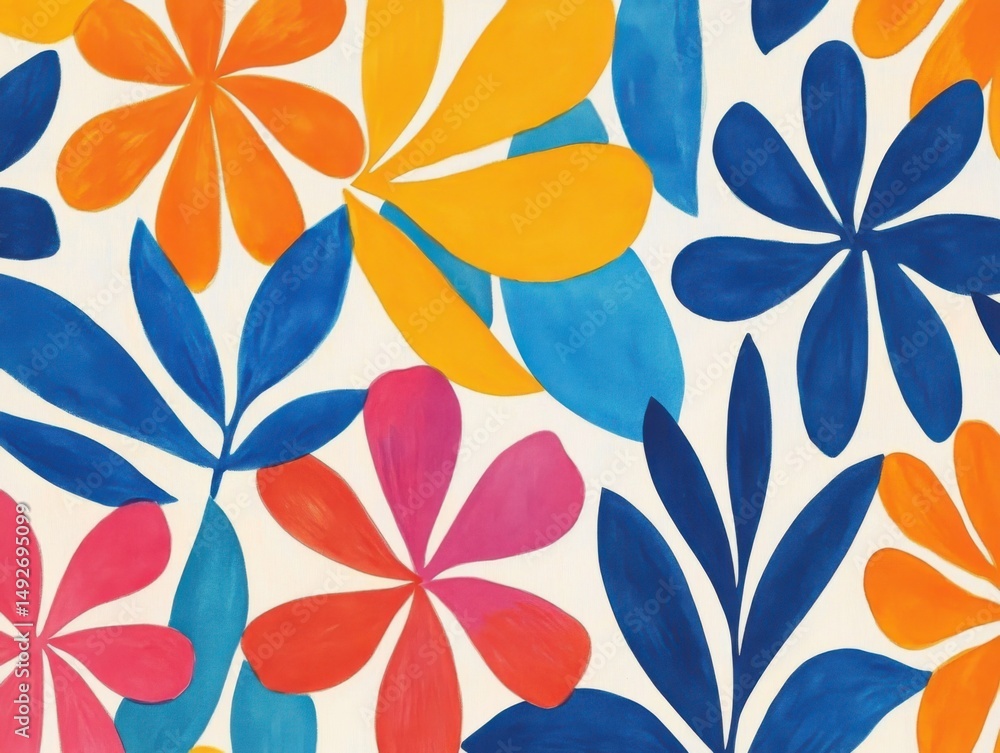 Poster vibrant floral pattern design with bold colors and playful shapes in a flat lay style