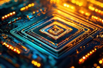 Close-Up View of a High-Tech Microchip Surface with Intricate Circuits and Glowing LED Lights Showcasing Modern Electronic Technology in a Dark Background