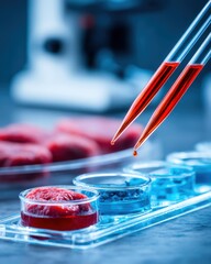 Obraz premium Cultured meat analysis close-up with pipette adding liquid to petri dish in laboratory setting research and development