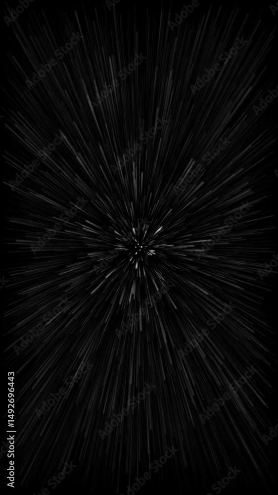 Poster Abstract black background with dynamic radial lines creating speed, motion, and depth, resembling tunnel or warp drive, evoking futuristic energy and hyperspace burst effects