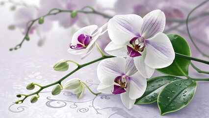 Elegant white orchids with purple centers blooming gracefully on a delicate light background