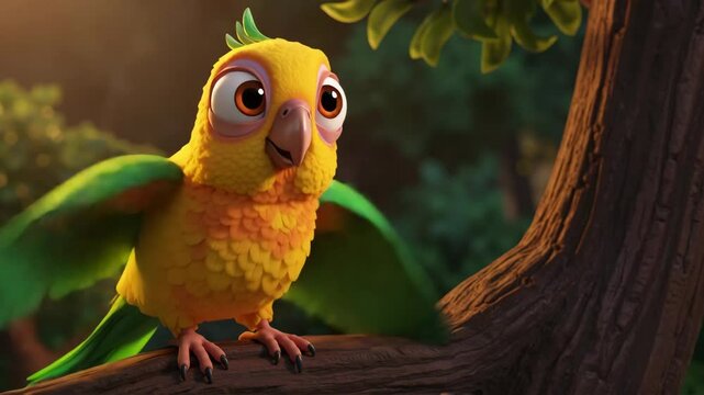 Cartoon Parrot with Cute Expression Flapping Wings against a Jungle Backdrop