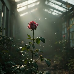 The image features a single, vibrant red rose in full bloom standing amidst a backdrop of lush greenery, with sunlight filtering through the greenhouse roof, casting an ethereal glow.