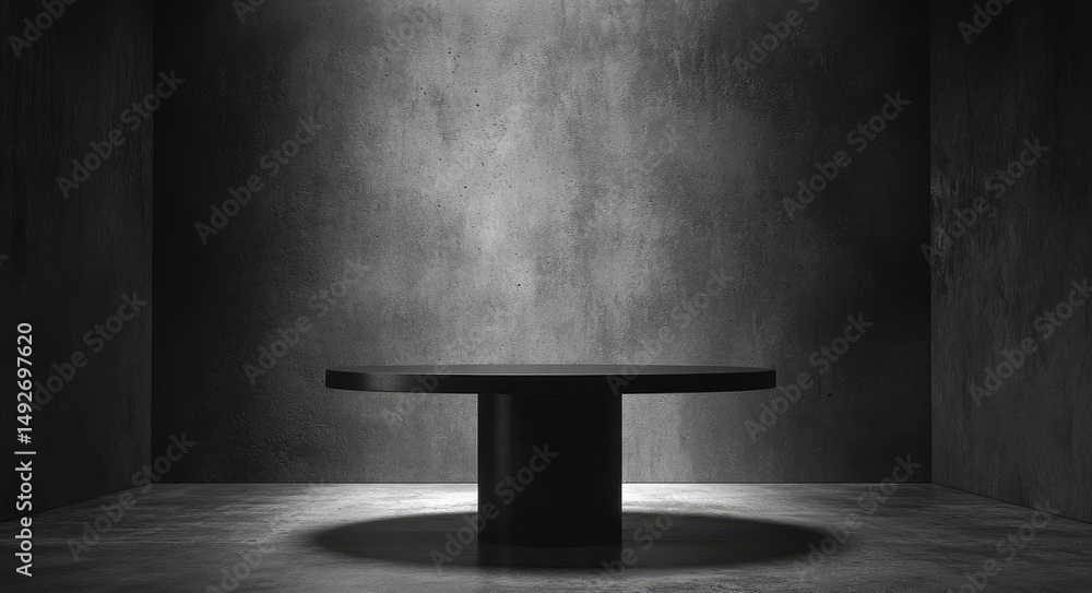 Poster a minimalist interior scene featuring a sleek. round table positioned in a shadowy room. with soft l