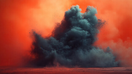 Black dust scattering into the air with a striking red backdrop  