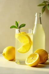 Fototapeta premium Refreshing lemon water still life Glass, bottle, lemons, beige , tabletop, beverage