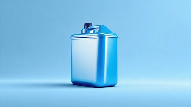 Blue Plastic Jerrycan Container with Handle, Black Cap, and Blank Label on a Light Blue Background for Liquid Storage