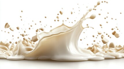 Beige liquid splashes and droplets on white background create dynamic shape. Perfect for dairy, protein, drink, and healthy lifestyle themed projects.