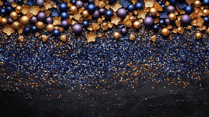 Dark background, gold and navy balls, glitter