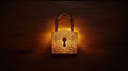 Fototapeta premium Illuminated padlock on wooden surface in low light.