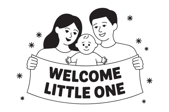 Welcome Little One Family Holding Banner