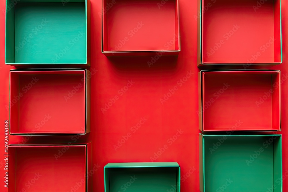 Poster a minimalist square box with a divided green and red interior. placed on a matching red background. 
