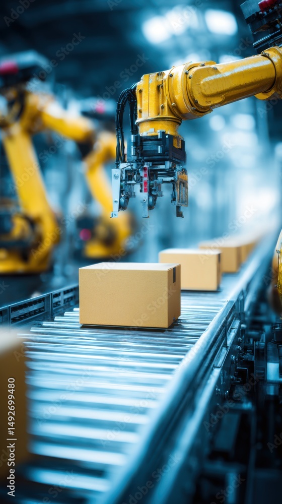 Poster automated robotic arm placing cardboard boxes on conveyor belt in factory setting close up industria