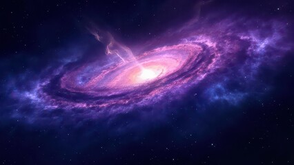 A stunning, vividly colored image of a swirling cosmic nebula, with deep purple and blue hues, punctuated by a bright center of light. This mesmerizing space scene evokes wonder and mystery