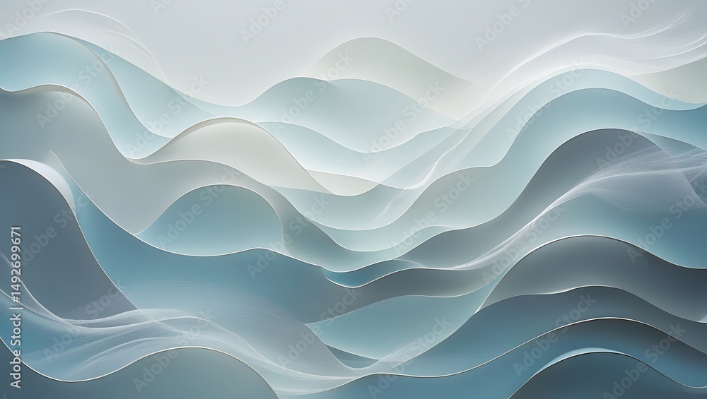 Poster abstract flowing waves in shades of blue and white creating a serene and elegant background design.