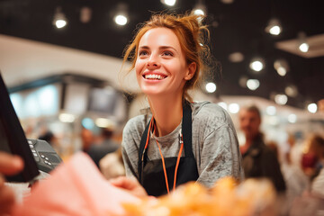Smiling female supermarket employee at checkout, friendly customer service in grocery store