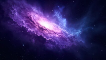 Obraz premium A stunning, vividly colored image of a swirling cosmic nebula, with deep purple and blue hues, punctuated by a bright center of light. This mesmerizing space scene evokes wonder and mystery