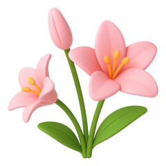 Fototapeta premium Pastel Pink Lilies 3D Render Delicate Bloom with Green Leaves on Transparent Background