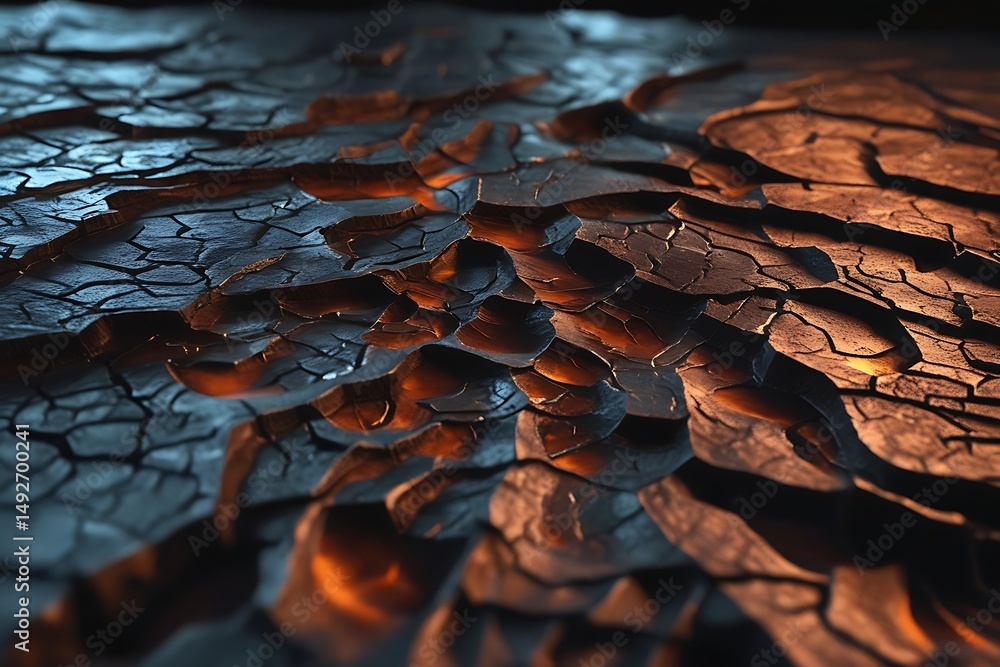 Poster abstract surface with cracked texture and textured pattern displaying shades of blue and orange ligh