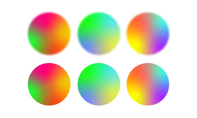 Set of six vibrant neon gradient spheres with smooth multicolor blends. Abstract circular shapes for modern design, backgrounds, tech visuals, and creative digital art concepts.