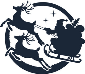Silhouette of Santa Claus flying with reindeer isolated simple vector art on white background