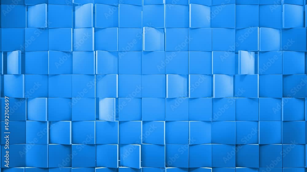 Poster 3d animation of an abstract blue tile wall with random slow rotating square plates, dynamic lighting