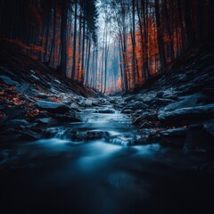 Serene Forest Stream Long Exposure: Autumnal Trees Reflecting in Water, Moody Landscape Photography, Tranquil Scene