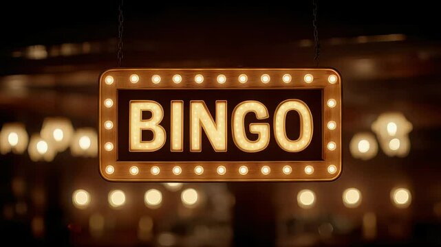 Illuminated Bingo Sign with Retro Light Bulbs Hanging in Dark Room, Casino Game Advertising, Gambling and Entertainment Concept