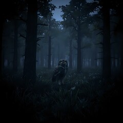An owl with outstretched wings is captured mid-flight above a field of glowing mushrooms in a forested scene.