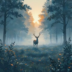 In the digital art piece, a majestic stag stands in a serene woodland, its antlers silhouetted against the setting sun. The surrounding trees, bathed in a twilight glow, enhance the ethereal ambiance.