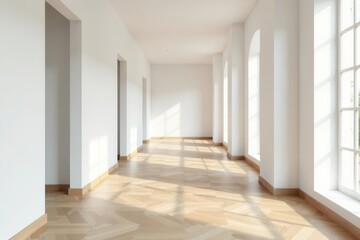 Obraz premium Bright white hallway, parquet floor Minimalist interior design , texture, interior design, peaceful