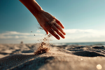 A woman&rsquo;s hand sinking into fine sand on a beach, slow-motion effect, soft natural light, tactile and serene moment, summer atmosphere, mindful connection with nature
