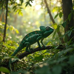 A green chameleon is perched on a branch in a dense, sunlit forest, its body partially concealed by the foliage.
