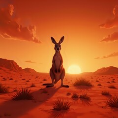 The image portrays a kangaroo standing in the foreground with a desert landscape and a vibrant sunset in the background.
